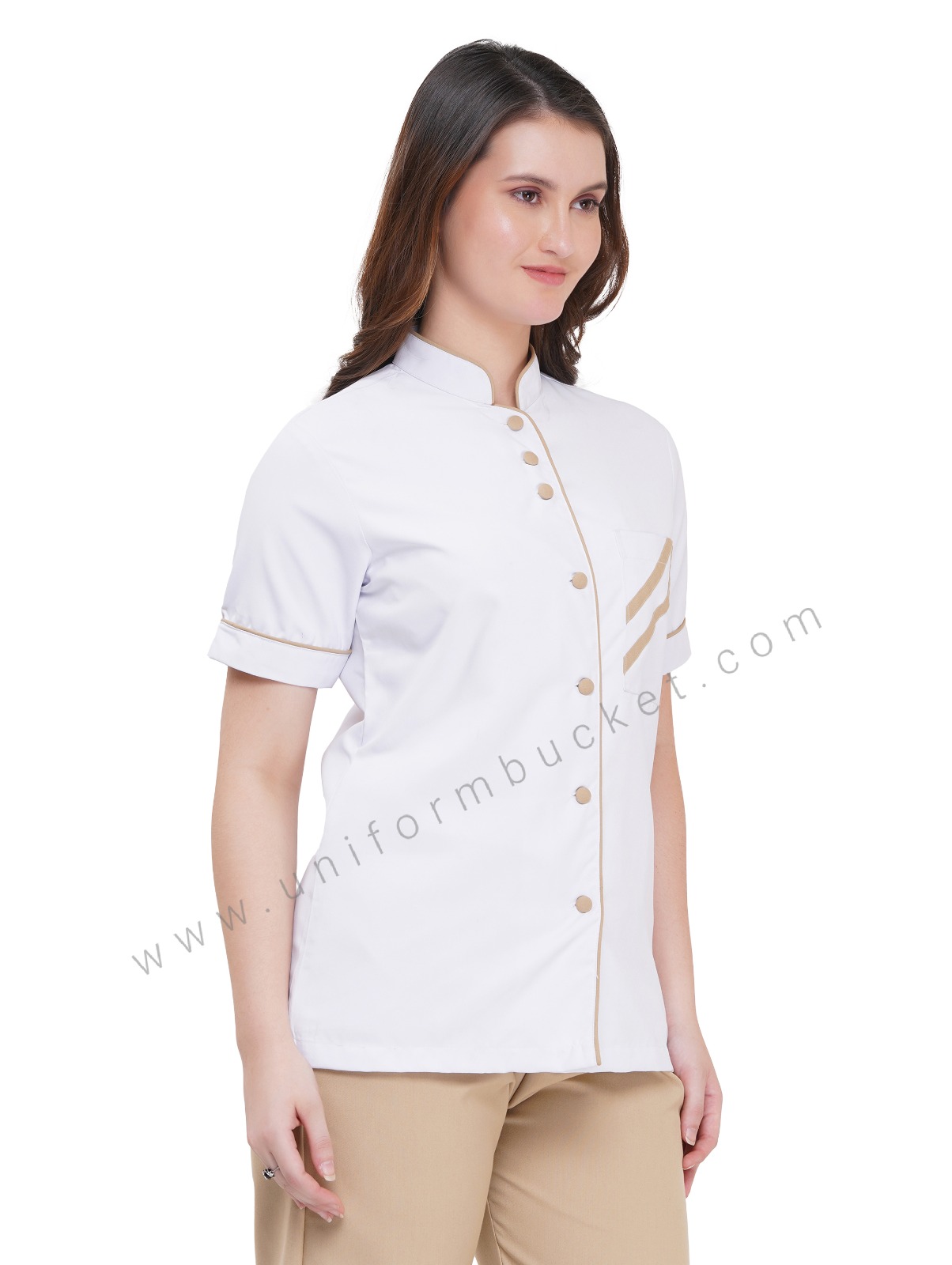 FEMALE WHITE TOP WITH KHAKI TRIM & PATCH POCKET  thumbnail 3